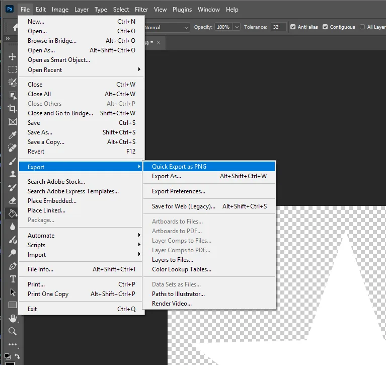 Photoshop: File → Export → Quick Export as PNG
